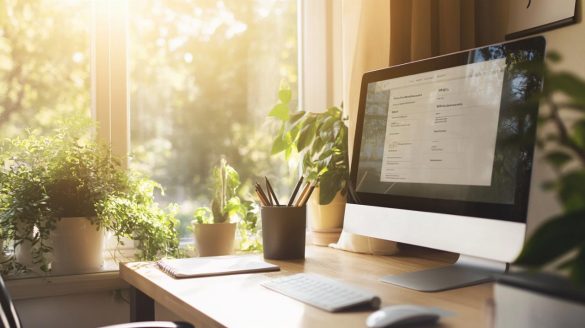 Gros plan sur un écran d'ordinateur consultant un guide d'inspiration prénom garçon en ligne, entouré de plantes vertes et éclairé par un soleil radieux