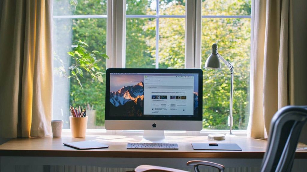 Bureau lumineux avec un ordinateur Apple affichant une page de recherche pour une inspiration prénom garçon en ligne devant une fenêtre avec vue sur la nature.